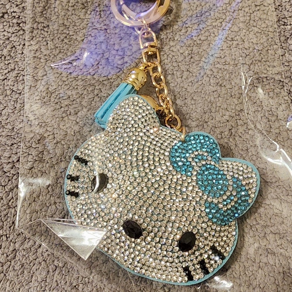 Rhinestone Cat Keychain with Blue Bow